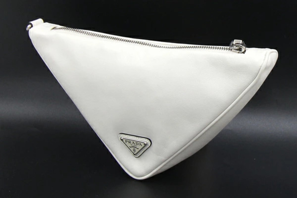 Prada White Leather Wristlet Clutch Bag Triangle White